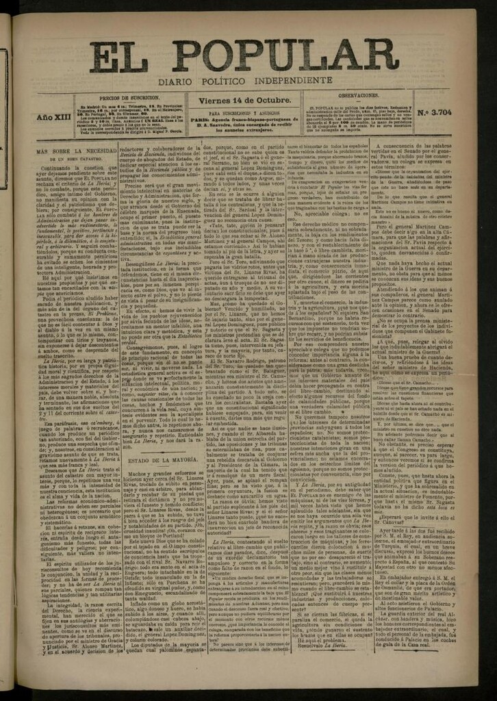 Miniatura de El Popular: diario independiente, político, literario y de noticias de interés general del 14 de octubre de 1881, nº 3704