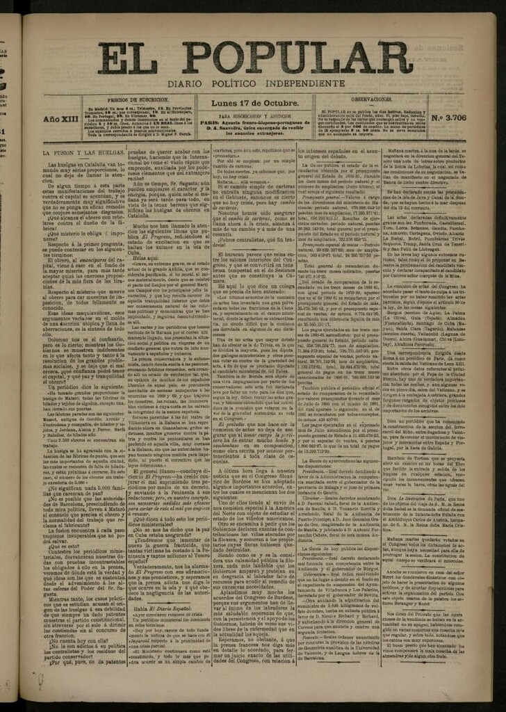 Miniatura de El Popular: diario independiente, político, literario y de noticias de interés general del 17 de octubre de 1881, nº 3706