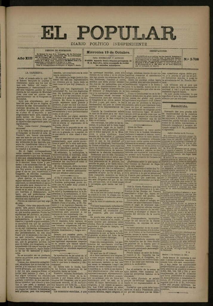 Miniatura de El Popular: diario independiente, político, literario y de noticias de interés general del 19 de octubre de 1881, nº 3708