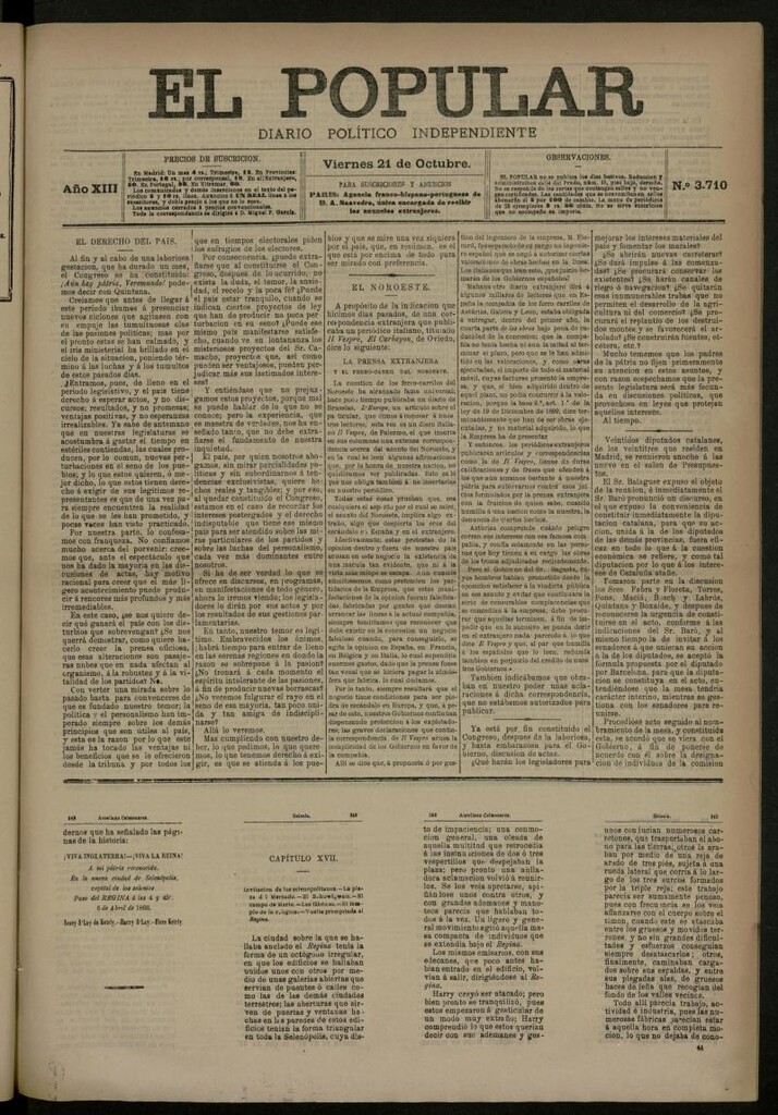 Miniatura de El Popular: diario independiente, político, literario y de noticias de interés general del 21 de octubre de 1881, nº 3710