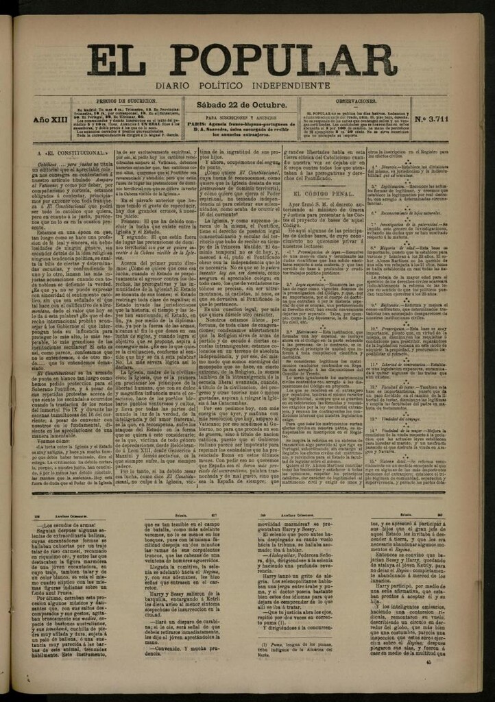 Miniatura de El Popular: diario independiente, político, literario y de noticias de interés general del 22 de octubre de 1881, nº 3711