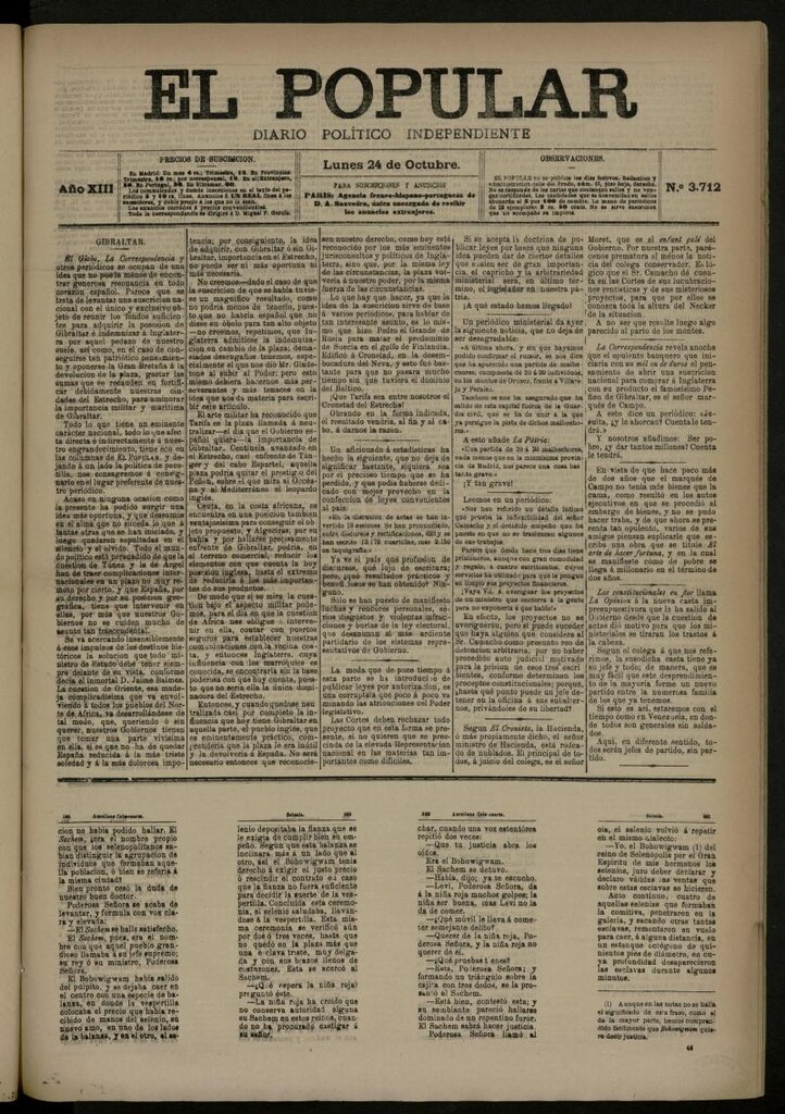Miniatura de El Popular: diario independiente, político, literario y de noticias de interés general del 24 de octubre de 1881, nº 3712