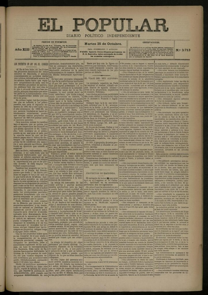Miniatura de El Popular: diario independiente, político, literario y de noticias de interés general del 25 de octubre de 1881, nº 3713