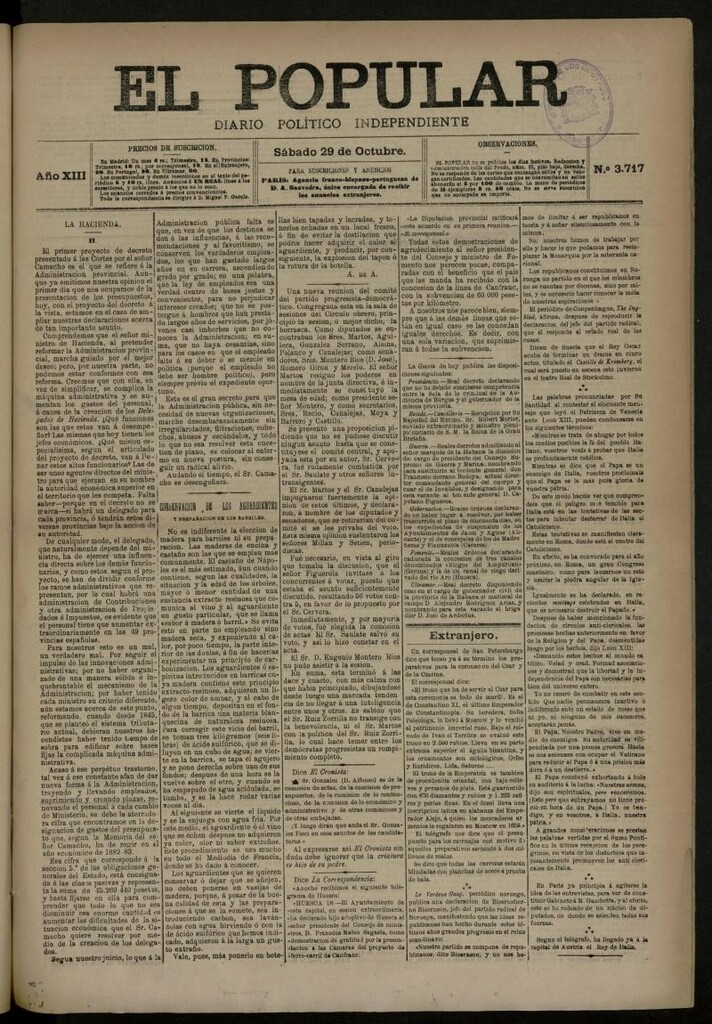 Miniatura de El Popular: diario independiente, político, literario y de noticias de interés general del 29 de octubre de 1881, nº 3717