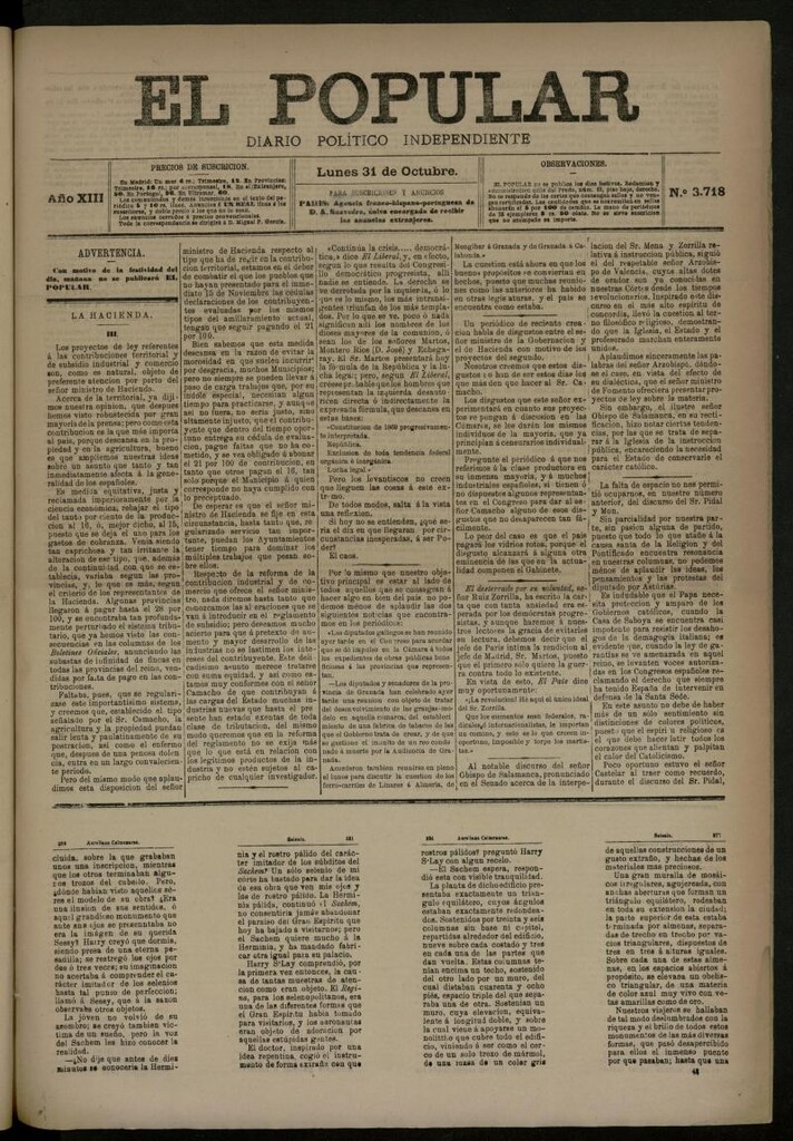 Miniatura de El Popular: diario independiente, político, literario y de noticias de interés general del 31 de octubre de 1881, nº 3718