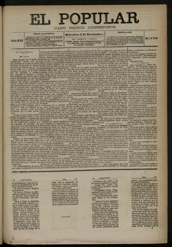 Miniatura de El Popular: diario independiente, político, literario y de noticias de interés general del 2 de noviembre de 1881, nº 3719