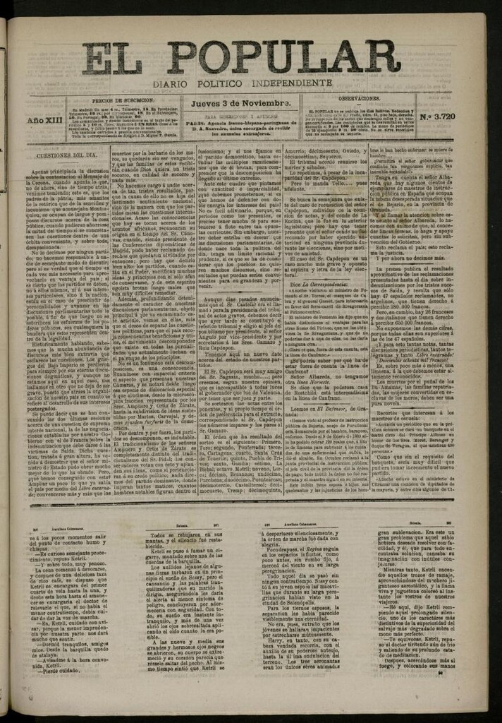 Miniatura de El Popular: diario independiente, político, literario y de noticias de interés general del 3 de noviembre de 1881, nº 3720