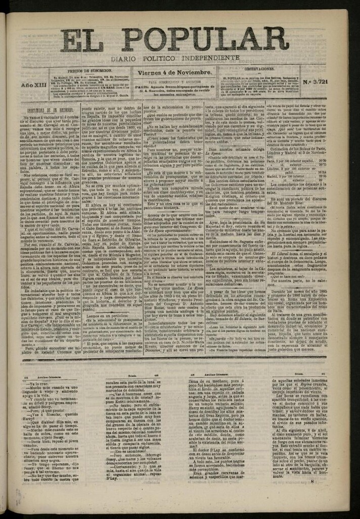 Miniatura de El Popular: diario independiente, político, literario y de noticias de interés general del 4 de noviembre de 1881, nº 3721