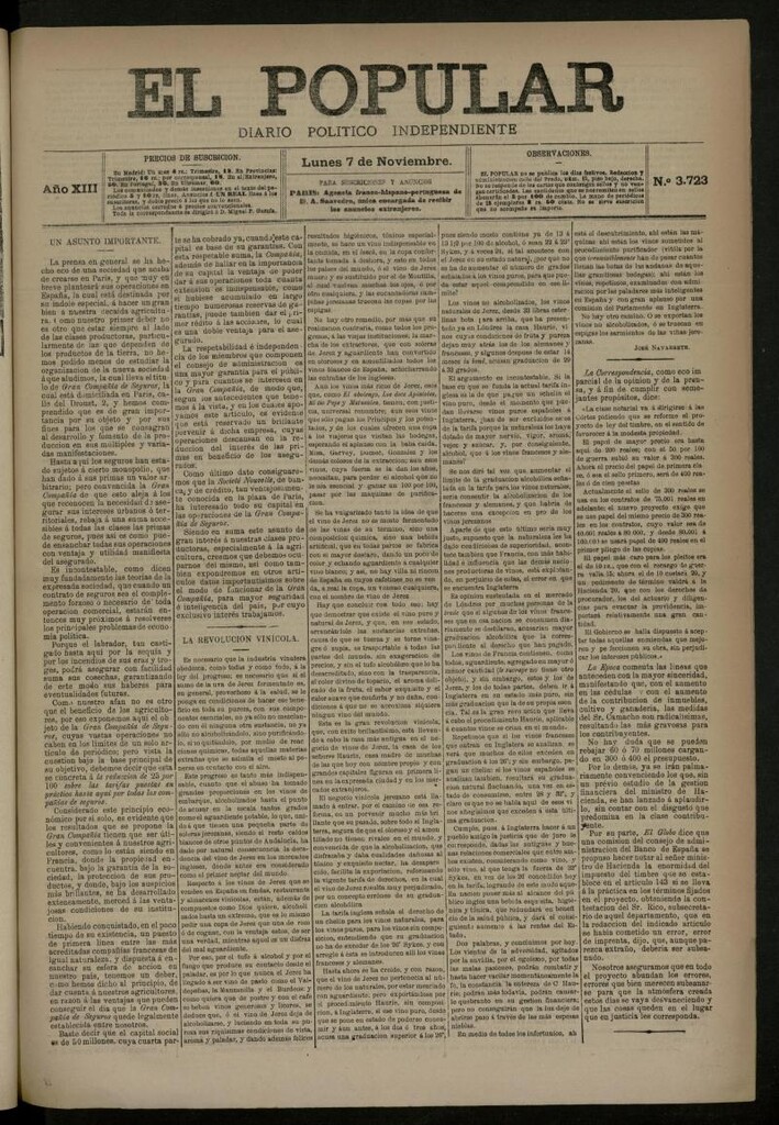 Miniatura de El Popular: diario independiente, político, literario y de noticias de interés general del 7 de noviembre de 1881, nº 3723