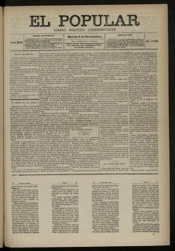 Miniatura de El Popular: diario independiente, político, literario y de noticias de interés general del 8 de noviembre de 1881, nº 3724