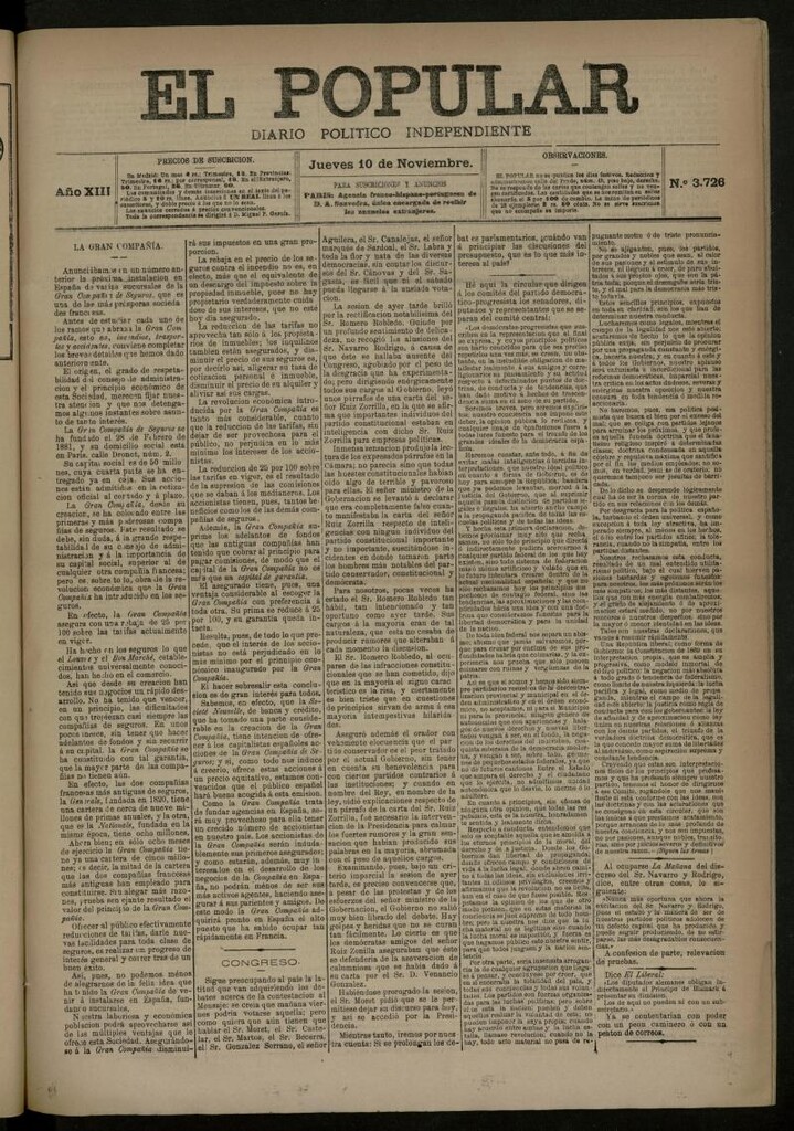 Miniatura de El Popular: diario independiente, político, literario y de noticias de interés general del 10 de noviembre de 1881, nº 3726