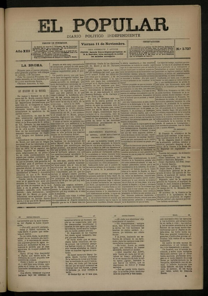 Miniatura de El Popular: diario independiente, político, literario y de noticias de interés general del 11 de noviembre de 1881, nº 3727