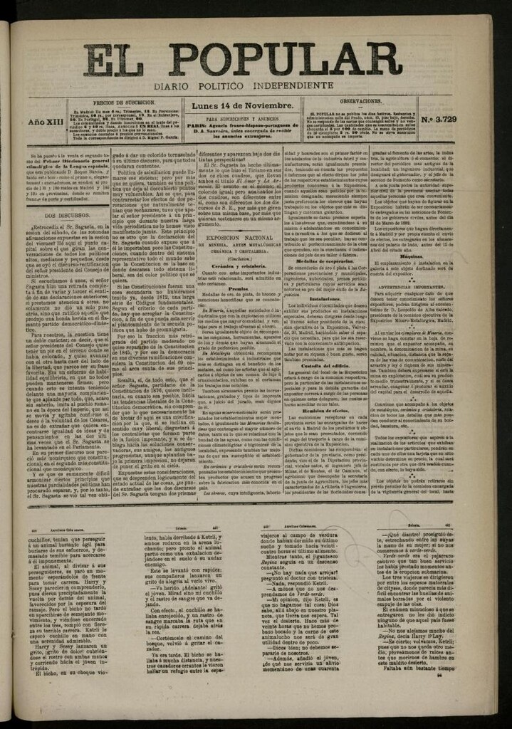 Miniatura de El Popular: diario independiente, político, literario y de noticias de interés general del 14 de noviembre de 1881, nº 3729