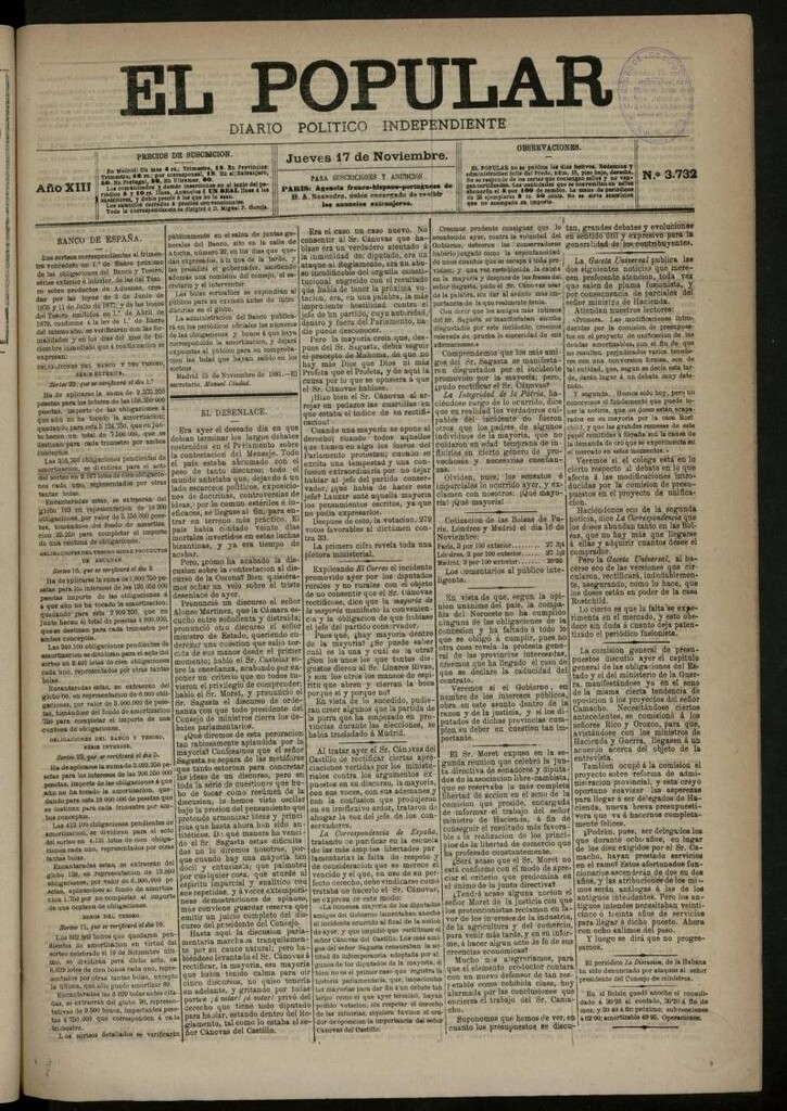 Miniatura de El Popular: diario independiente, político, literario y de noticias de interés general del 17 de noviembre de 1881, nº 3732