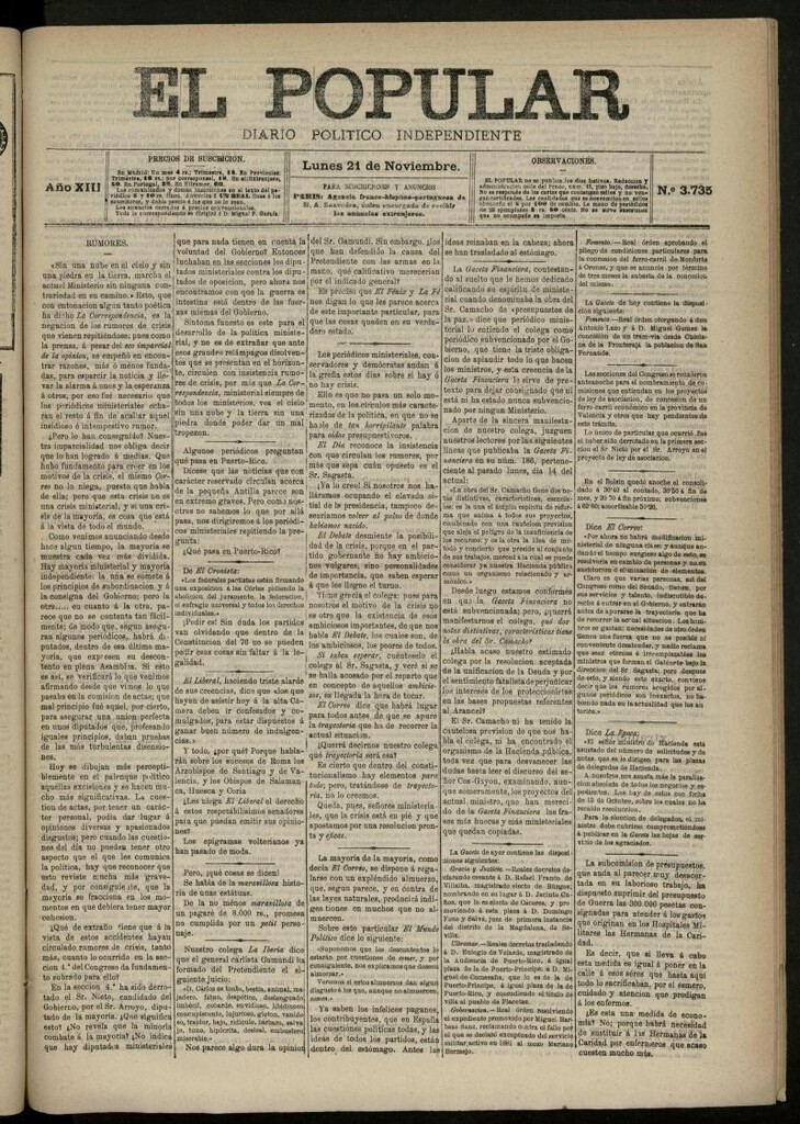 Miniatura de El Popular: diario independiente, político, literario y de noticias de interés general del 21 de noviembre de 1881, nº 3735