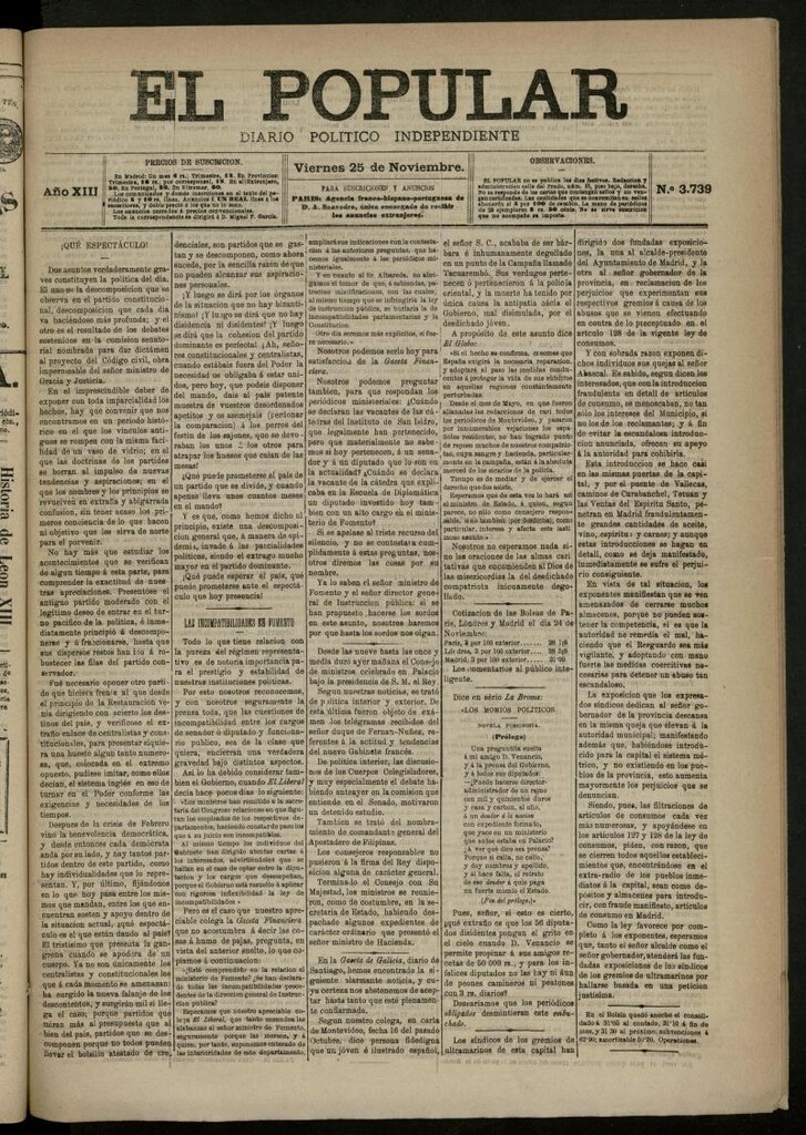 Miniatura de El Popular: diario independiente, político, literario y de noticias de interés general del 25 de noviembre de 1881, nº 3739