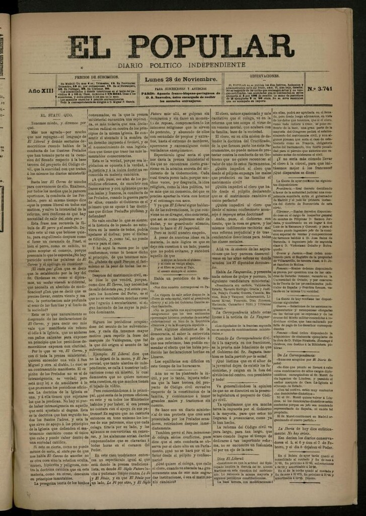 Miniatura de El Popular: diario independiente, político, literario y de noticias de interés general del 28 de noviembre de 1881, nº 3741