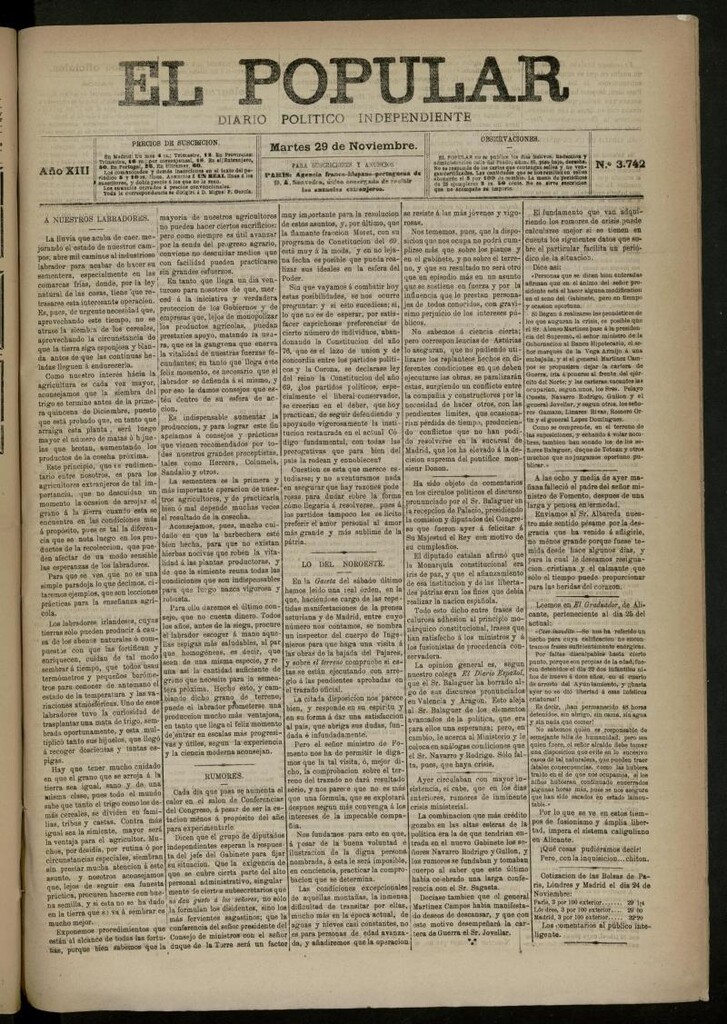 Miniatura de El Popular: diario independiente, político, literario y de noticias de interés general del 29 de noviembre de 1881, nº 3742