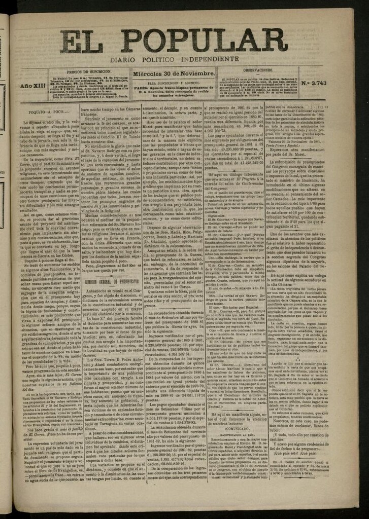 Miniatura de El Popular: diario independiente, político, literario y de noticias de interés general del 30 de noviembre de 1881, nº 3743