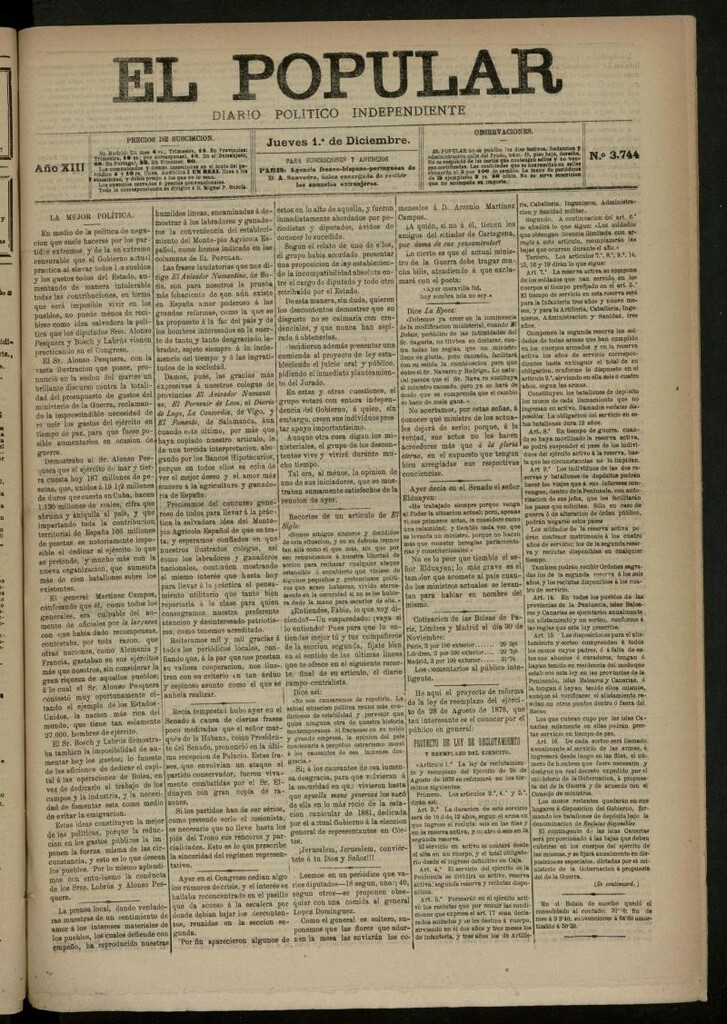 Miniatura de El Popular: diario independiente, político, literario y de noticias de interés general del 1 de diciembre de 1881, nº 3744