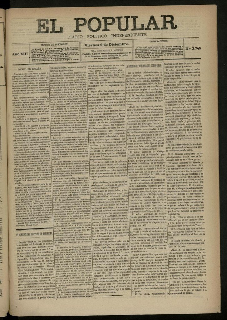 Miniatura de El Popular: diario independiente, político, literario y de noticias de interés general del 2 de diciembre de 1881, nº 3745