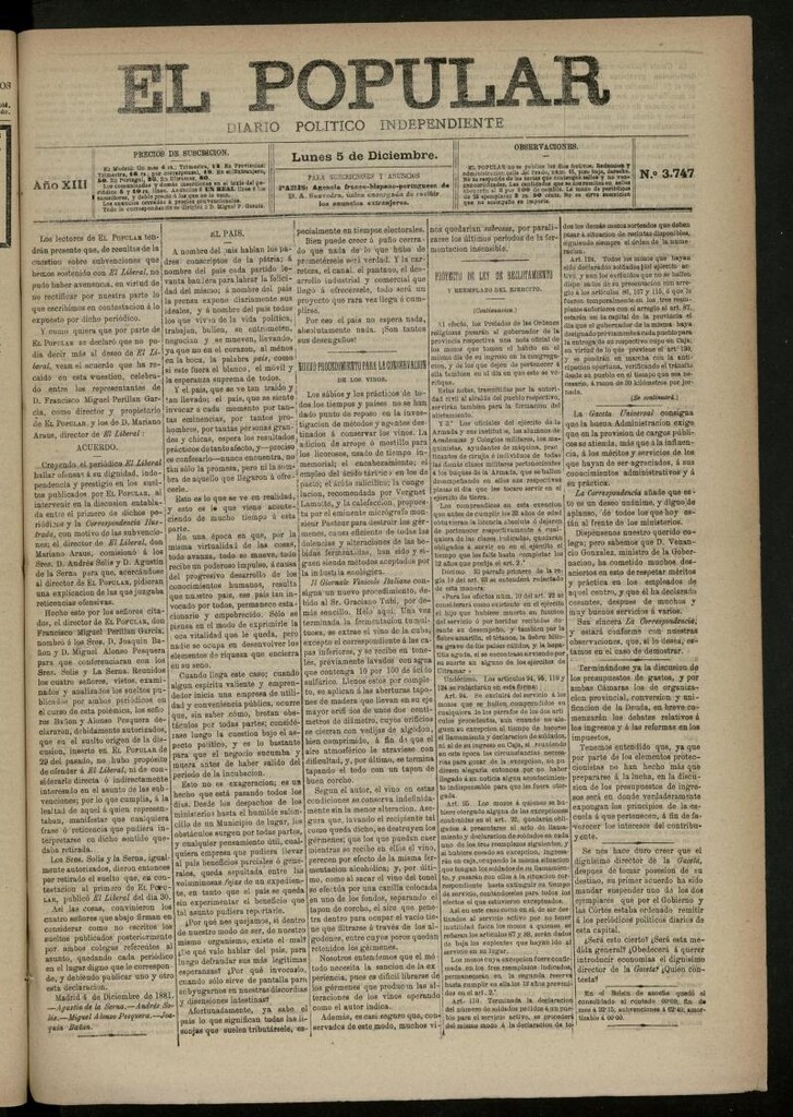Miniatura de El Popular: diario independiente, político, literario y de noticias de interés general del 5 de diciembre de 1881, nº 3747