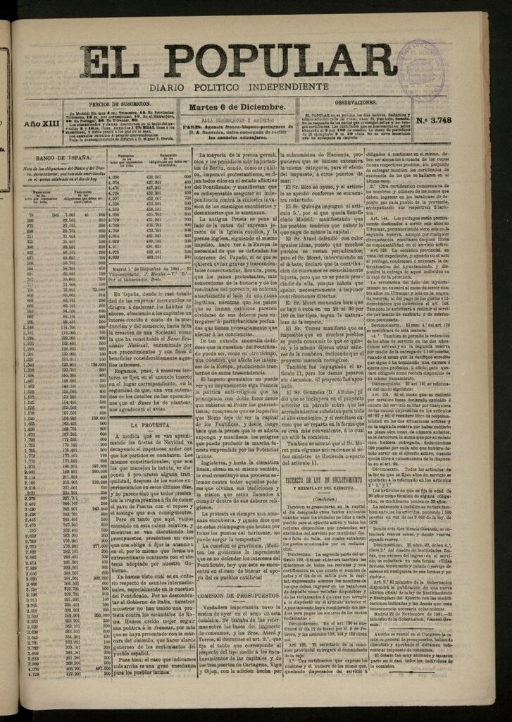 Miniatura de El Popular: diario independiente, político, literario y de noticias de interés general del 6 de diciembre de 1881, nº 3748