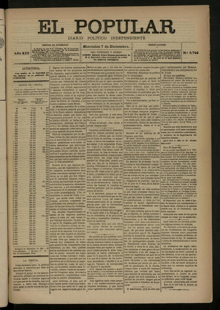 Miniatura de El Popular: diario independiente, político, literario y de noticias de interés general del 7 de diciembre de 1881, nº 3749