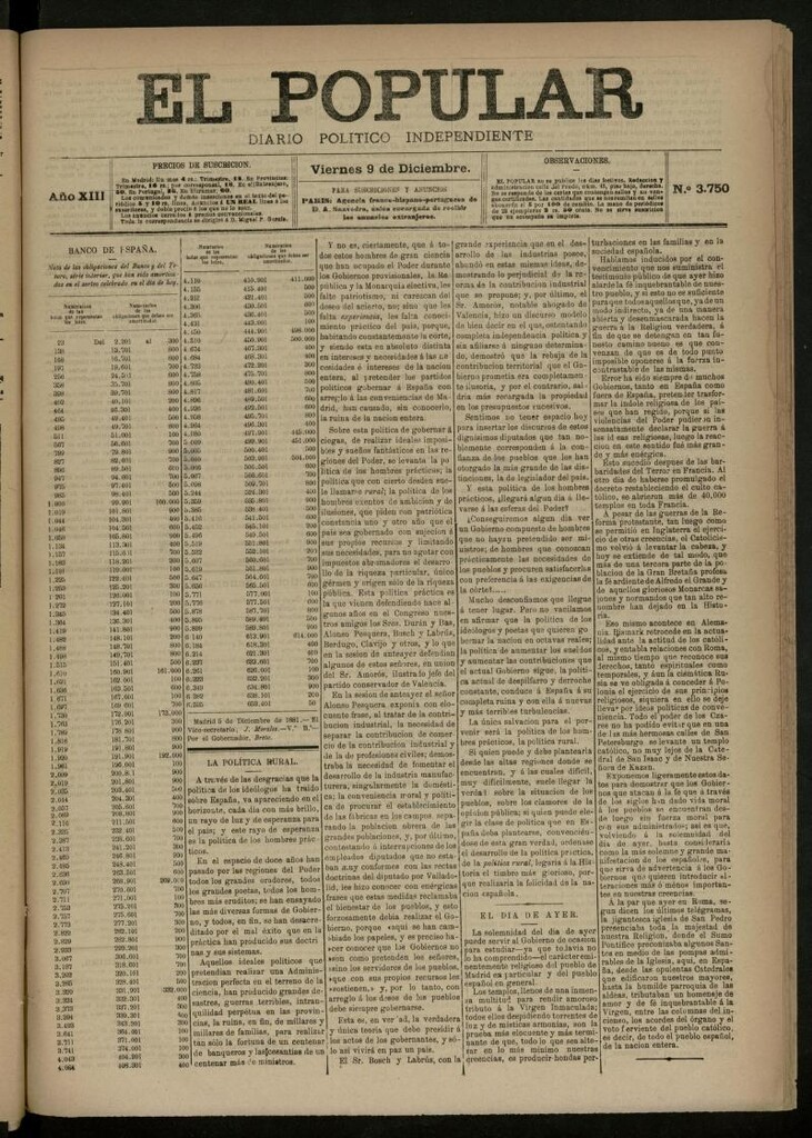 Miniatura de El Popular: diario independiente, político, literario y de noticias de interés general del 9 de diciembre de 1881, nº 3750