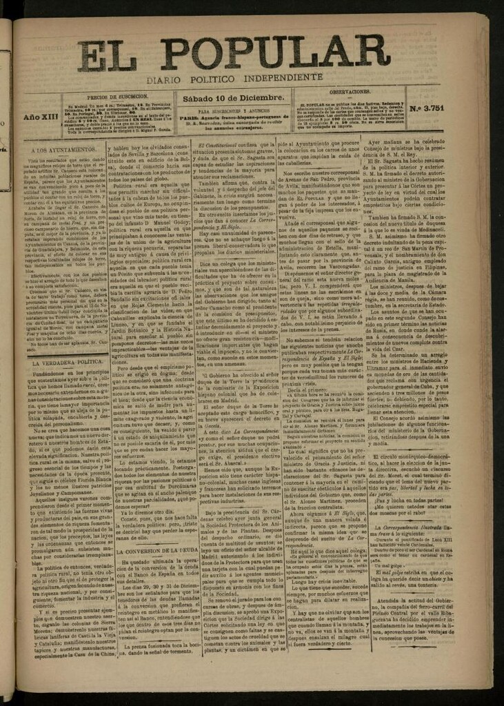 Miniatura de El Popular: diario independiente, político, literario y de noticias de interés general del 10 de diciembre de 1881, nº 3751
