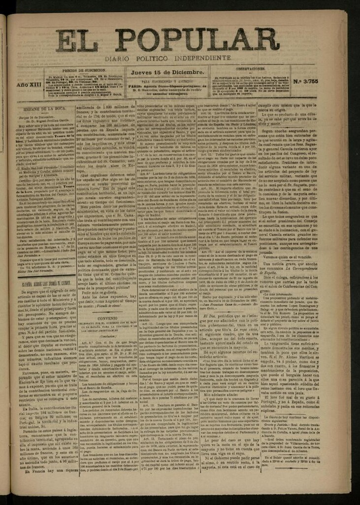Miniatura de El Popular: diario independiente, político, literario y de noticias de interés general del 15 de diciembre de 1881, nº 3755