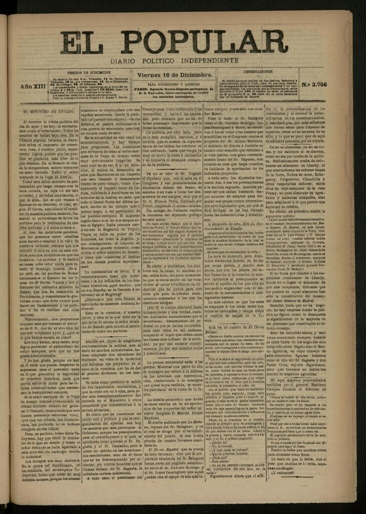 Miniatura de El Popular: diario independiente, político, literario y de noticias de interés general del 16 de diciembre de 1881, nº 3756