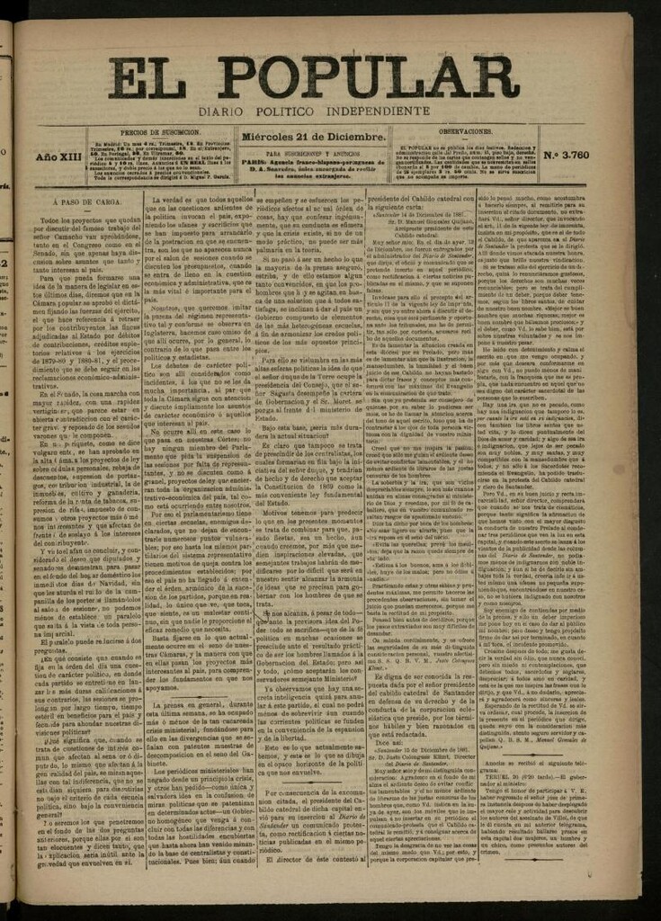 Miniatura de El Popular: diario independiente, político, literario y de noticias de interés general del 21 de diciembre de 1881, nº 3760