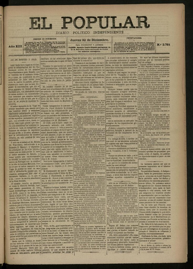 Miniatura de El Popular: diario independiente, político, literario y de noticias de interés general del 22 de diciembre de 1881, nº 3761