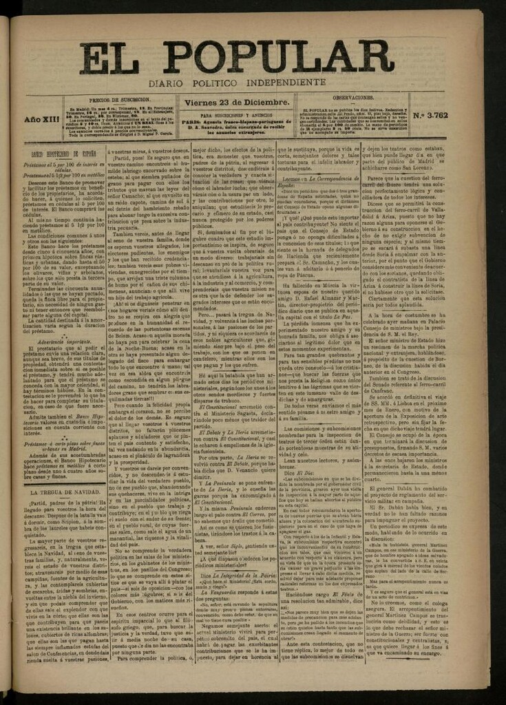 Miniatura de El Popular: diario independiente, político, literario y de noticias de interés general del 23 de diciembre de 1881, nº 3762