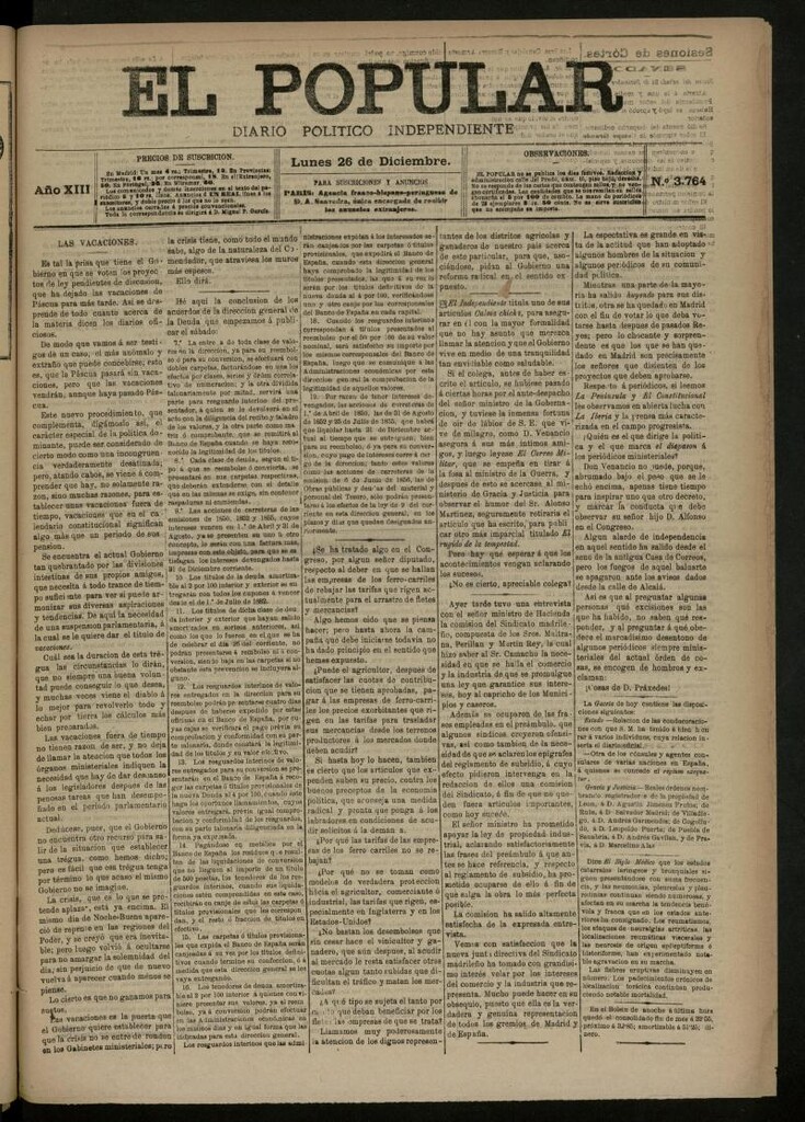 Miniatura de El Popular: diario independiente, político, literario y de noticias de interés general del 26 de diciembre de 1881, nº 3764