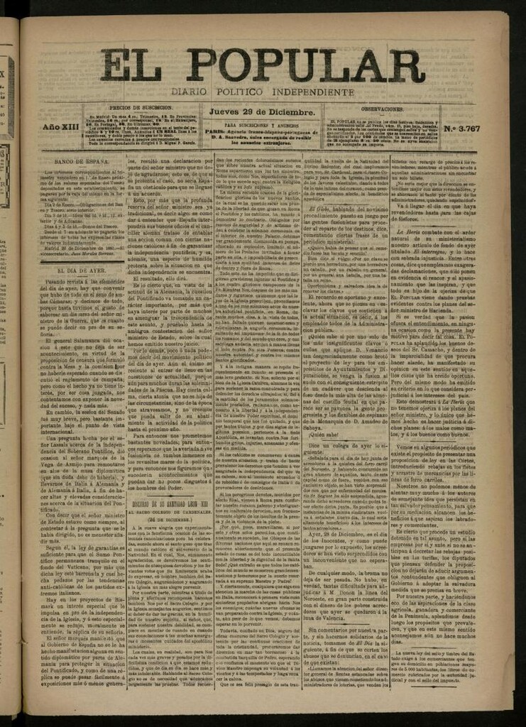 Miniatura de El Popular: diario independiente, político, literario y de noticias de interés general del 29 de diciembre de 1881, nº 3767