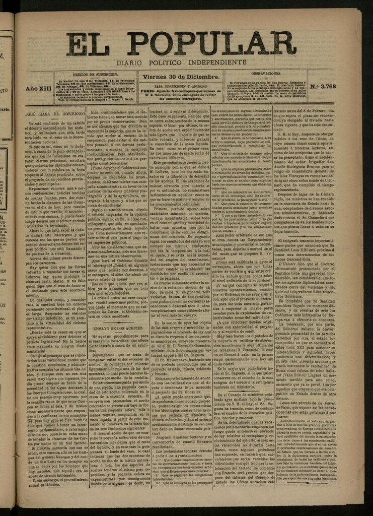 Miniatura de El Popular: diario independiente, político, literario y de noticias de interés general del 30 de diciembre de 1881, nº 3768