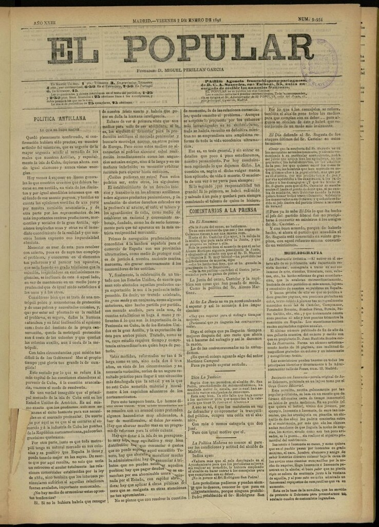 Miniatura de El Popular: diario independiente, político, literario y de noticias de interés general del 2 de enero de 1891, nº 9954