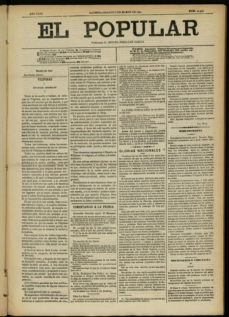 Miniatura de El Popular: diario independiente, político, literario y de noticias de interés general del 3 de enero de 1891, nº 9955
