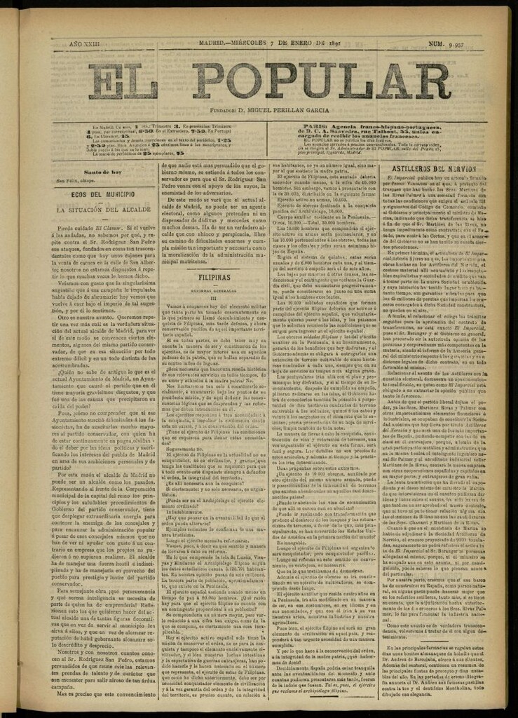 Miniatura de El Popular: diario independiente, político, literario y de noticias de interés general del 7 de enero de 1891, nº 9957