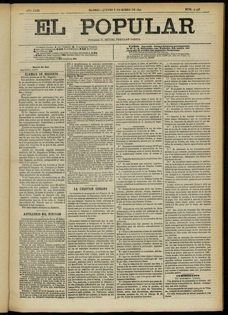 Miniatura de El Popular: diario independiente, político, literario y de noticias de interés general del 8 de enero de 1891, nº 9958