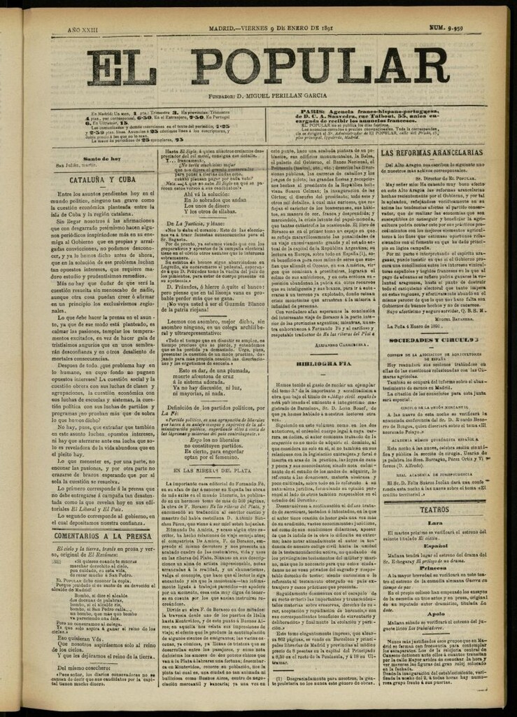 Miniatura de El Popular: diario independiente, político, literario y de noticias de interés general del 9 de enero de 1891, nº 9959