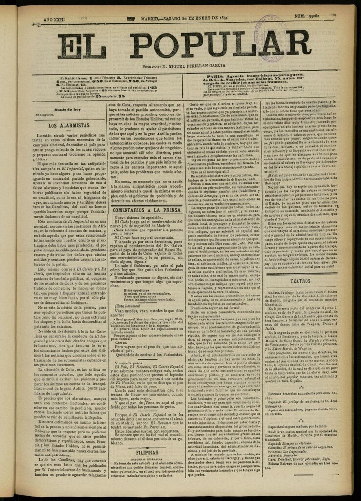 Miniatura de El Popular: diario independiente, político, literario y de noticias de interés general del 10 de enero de 1891, nº 99060 [sic]