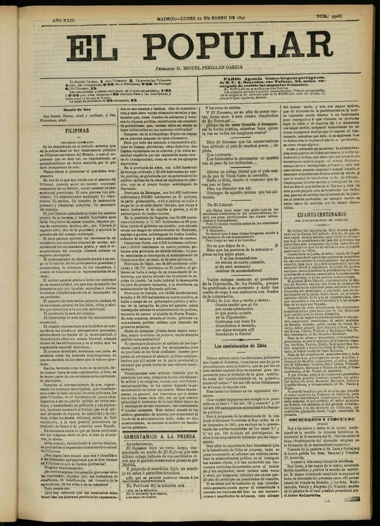 Miniatura de El Popular: diario independiente, político, literario y de noticias de interés general del 12 de enero de 1891, nº 99061 [sic]