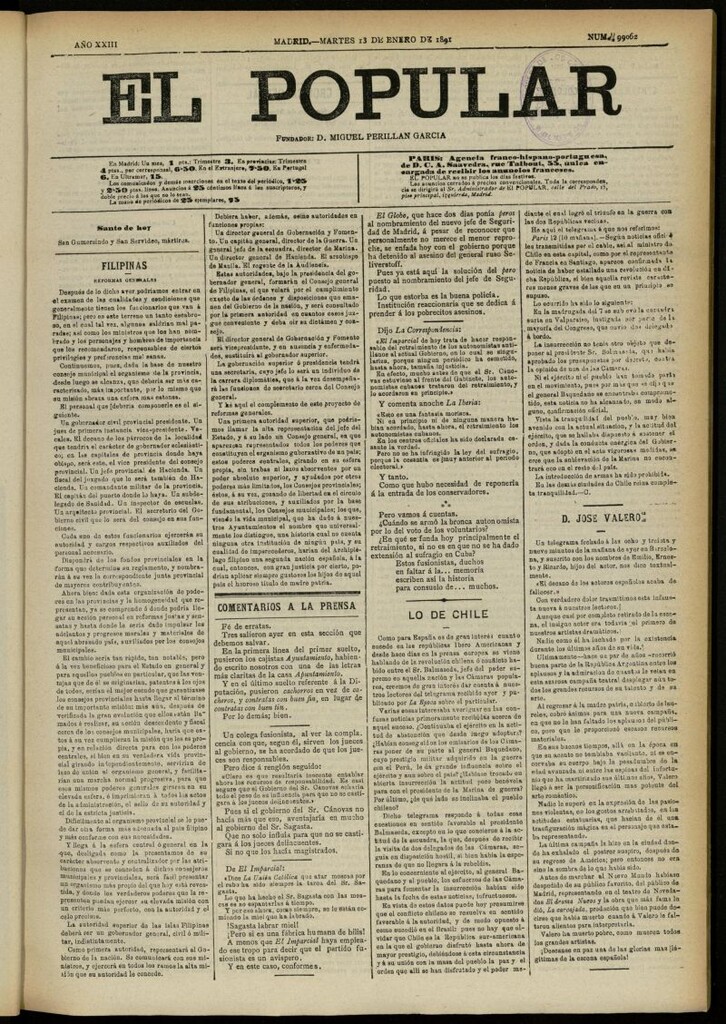 Miniatura de El Popular: diario independiente, político, literario y de noticias de interés general del 13 de enero de 1891, nº 99062 [sic]