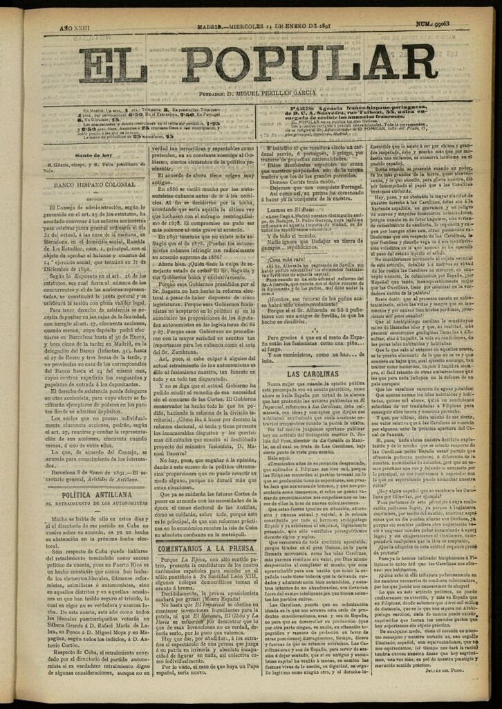 Miniatura de El Popular: diario independiente, político, literario y de noticias de interés general del 14 de enero de 1891, nº 99063 [sic]