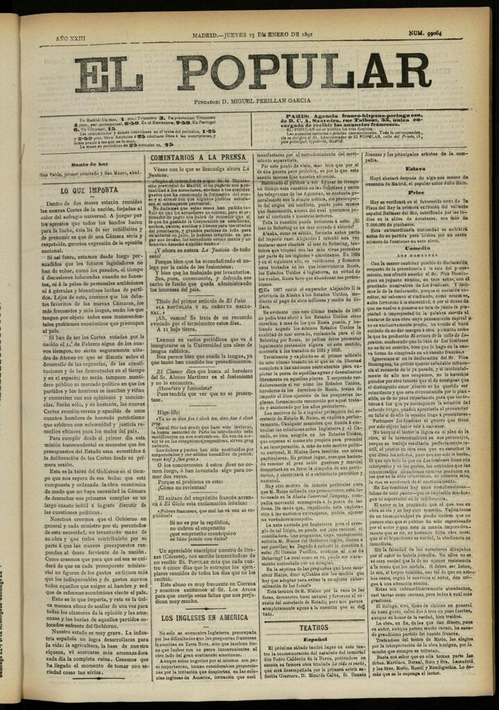 Miniatura de El Popular: diario independiente, político, literario y de noticias de interés general del 15 de enero de 1891, nº 99064 [sic]