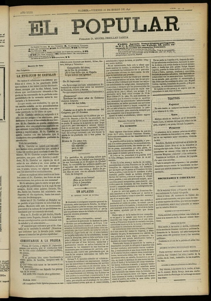 Miniatura de El Popular: diario independiente, político, literario y de noticias de interés general del 16 de enero de 1891, nº 99065 [sic]