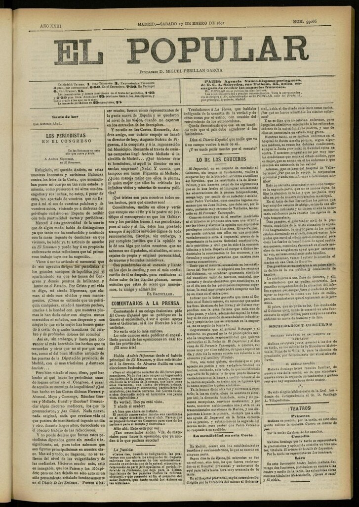 Miniatura de El Popular: diario independiente, político, literario y de noticias de interés general del 17 de enero de 1891, nº 99066 [sic]